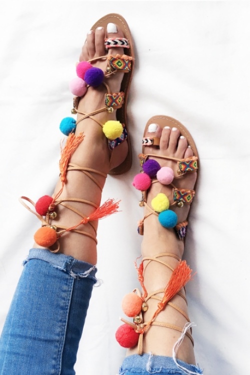 Pretty Wire sandales à pompons multi color montantes