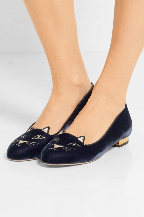Charlotte Olympia - Slippers en velours brodé chat