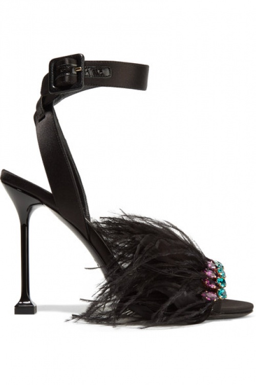 MIU MIU Crystal and feather-embellished satin sandals