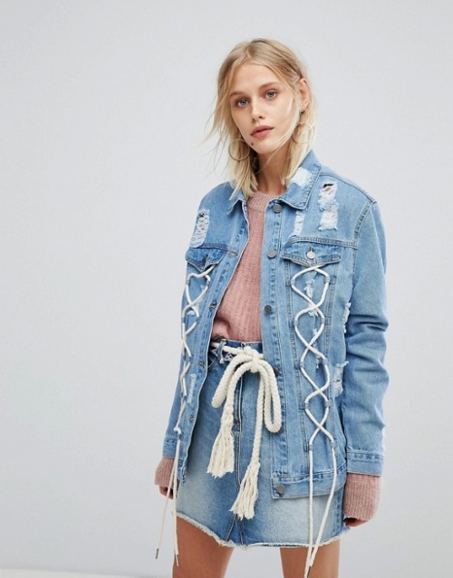 Current Air - Veste en jean coupe girlfriend effet vieilli avec laçage