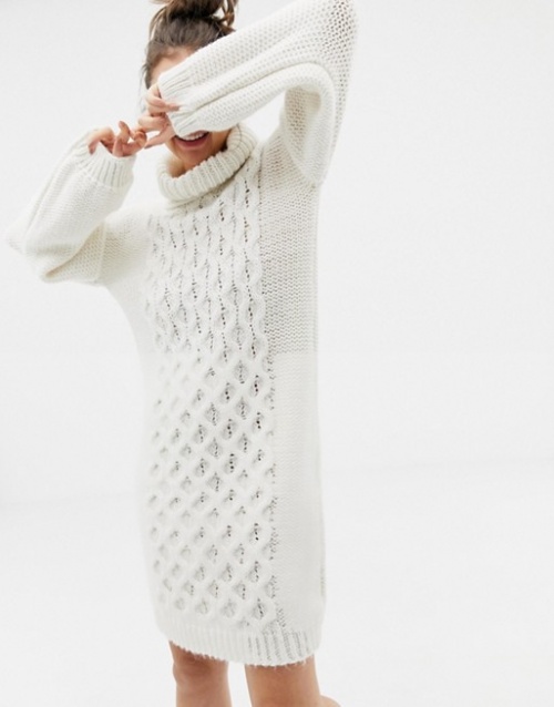 OneOn - Robe pull tricoté main en maille torsadée avec col roulé