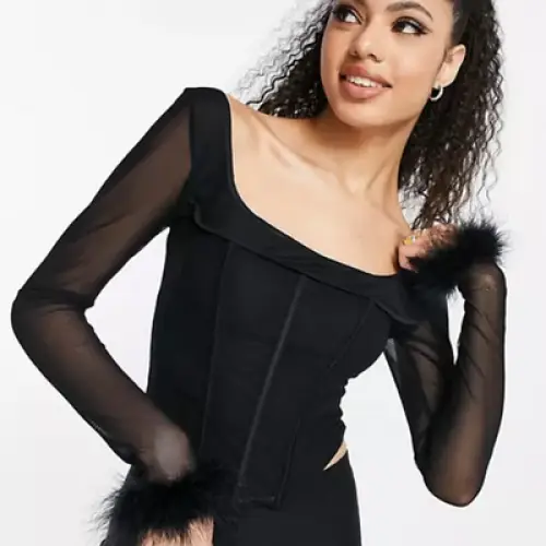 Femme Luxe - Top corset avec bordures en plumes synthétiques - Noir