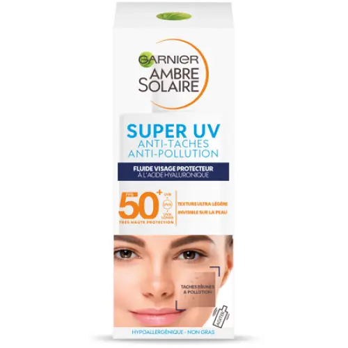 Garnier Ambre Solaire - Fluide visage protecteur à l'acide hyaluronique FPS 50+ anti-taches anti-pollution