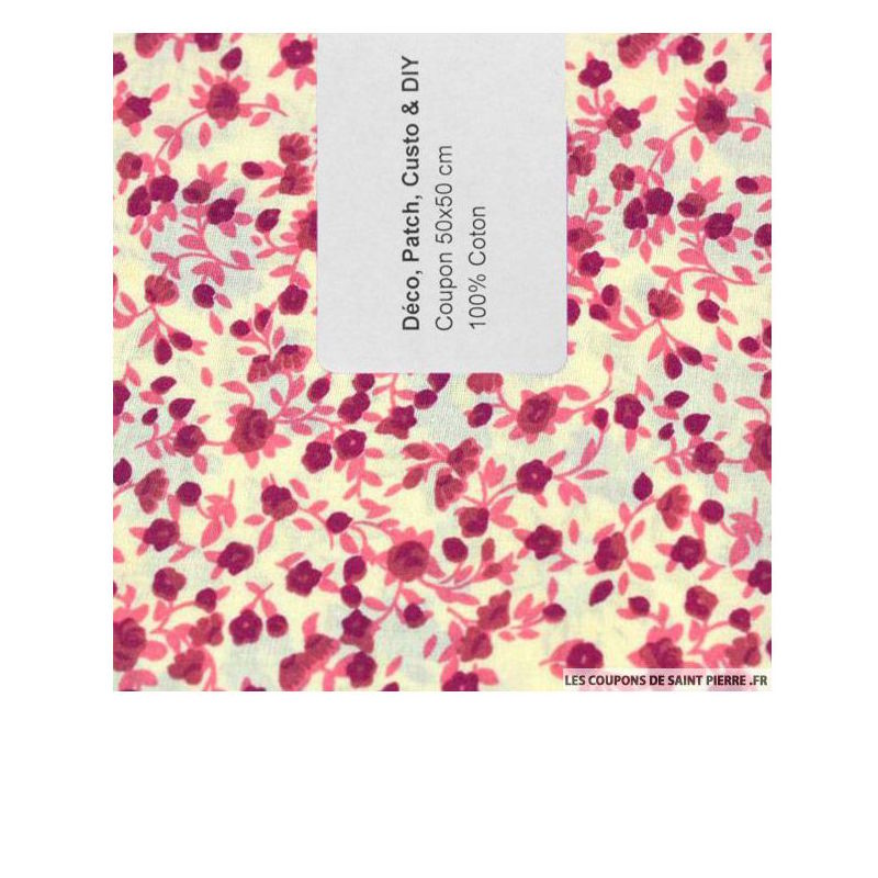 Coton imprimé Fleurs et feuilles rose sur fond écru - Les coupions de St Pierre