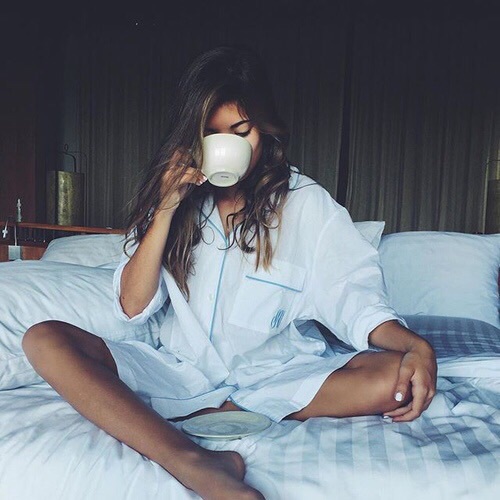 girl bed morning coffee 